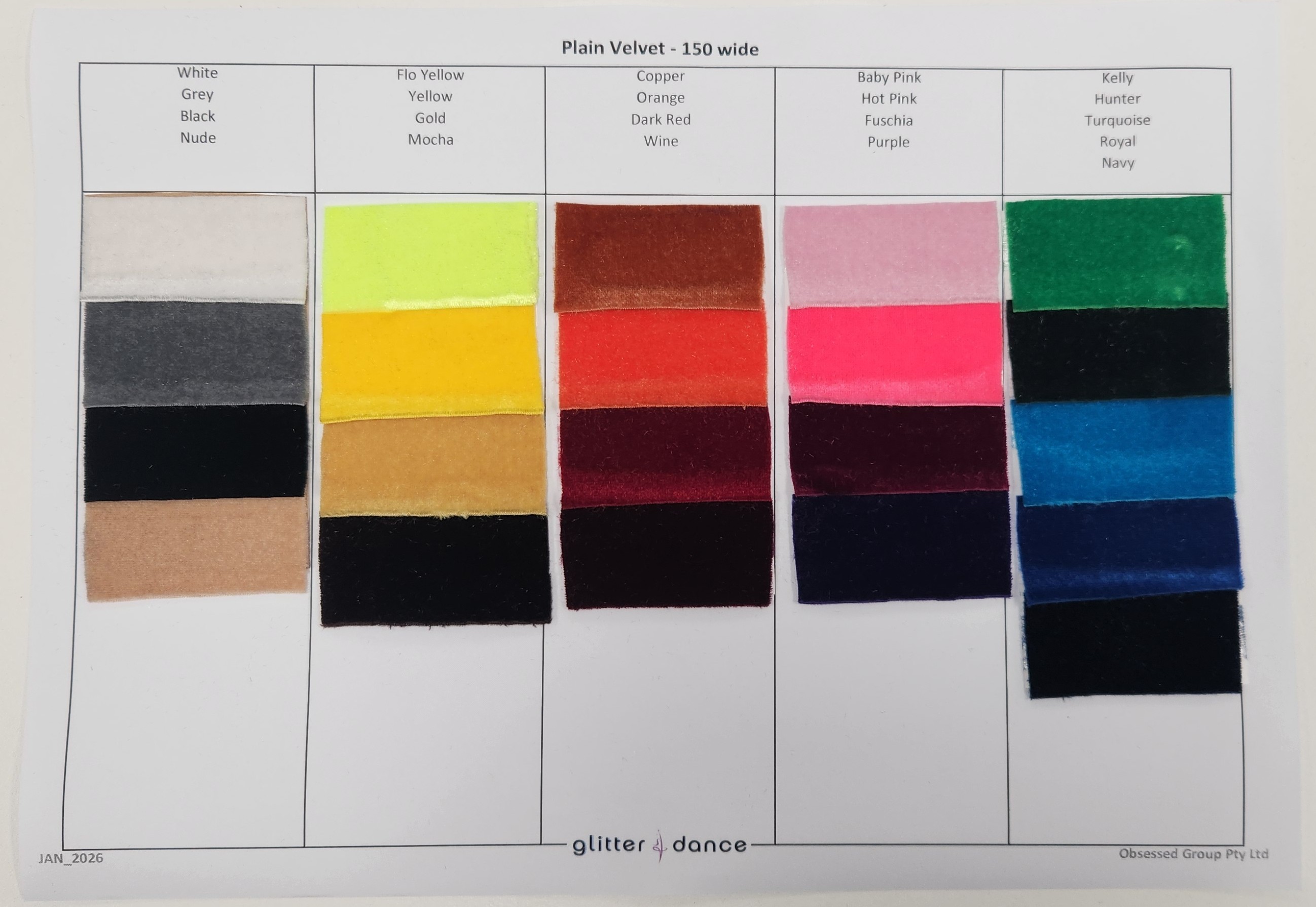 Velvet Spandex Chart